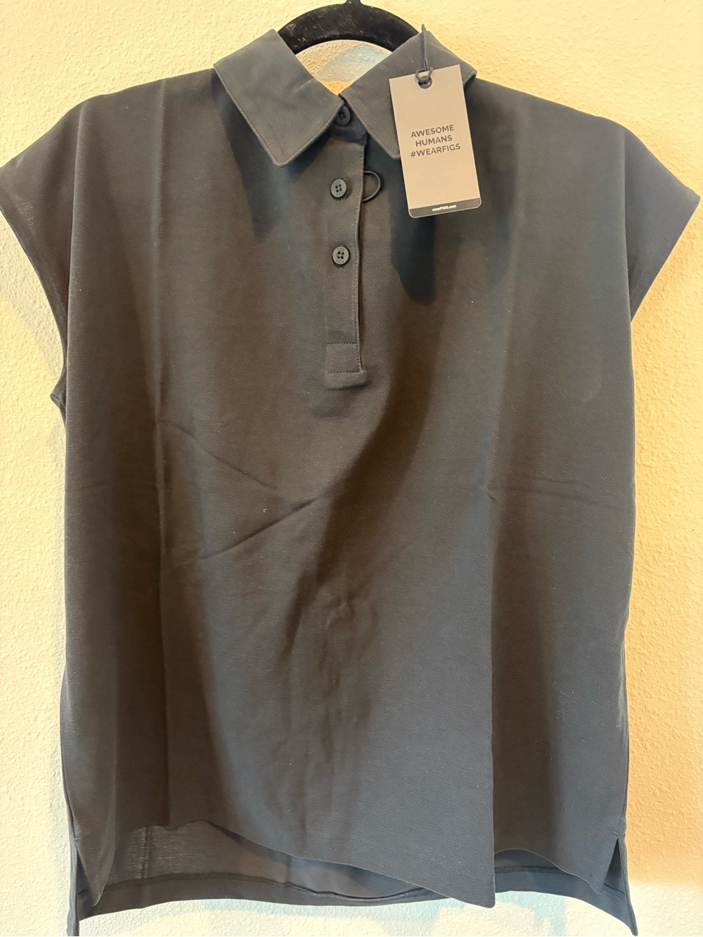 Figs Black Button-Down Cap Sleeve Polo Shirt